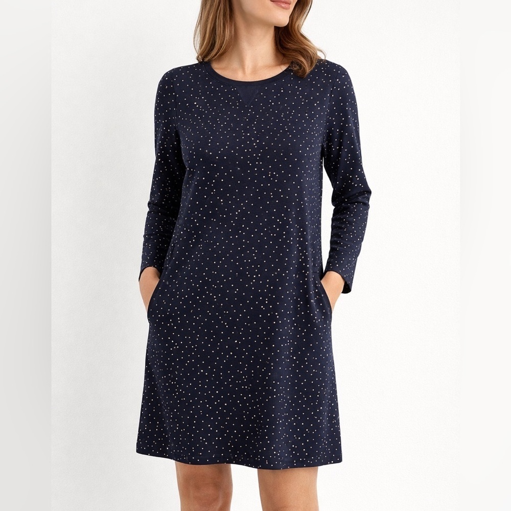 Boden Off Duty Shift Dress Navy Gold Polka Dot Pockets Long Sleeve Size 6